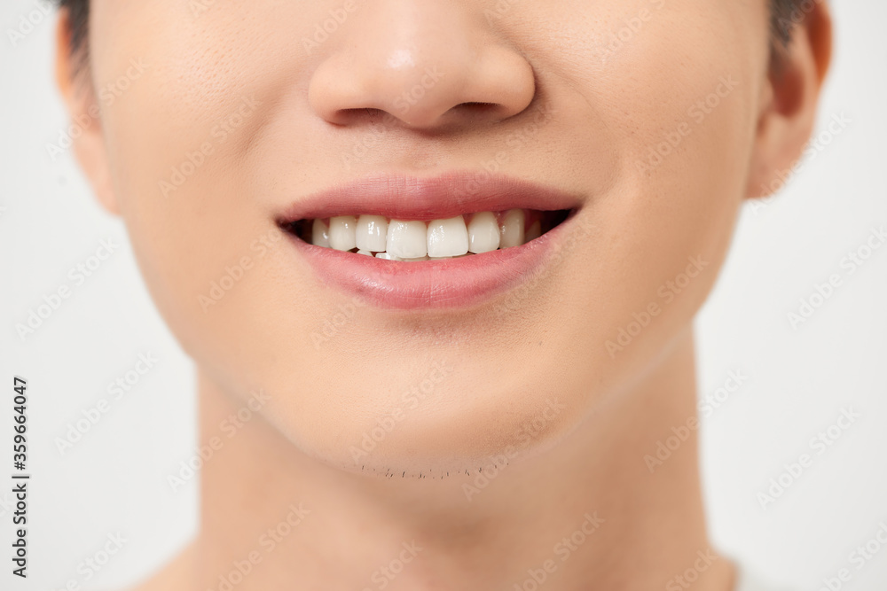 Obraz premium Close-up cropped of handsome man beaming shine teeth isolated over white background