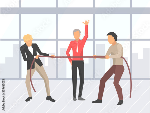Business competition vector, businessman pulling ropes. People and boss saying to start, competitive spirit of workers in office. Battle of men flat style © robu_s