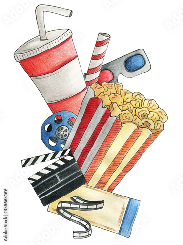 Cinema invitation for watching movies. Cup of coffee, juice, water, popcorn, 3d glasses, ticket, filmstrip, shots clapper. Watercolor hand drawn illustrations in realistic style. Open air theater.