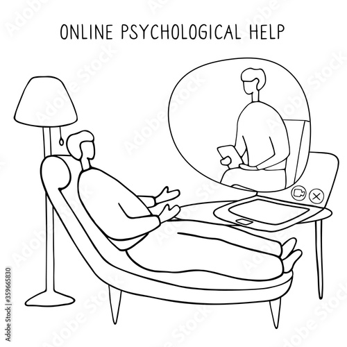 Man at the psychologist online session. Doctor consultation by phone. Video call to psychiatrist. Online psychological therapy. Hand drawn vector graphic