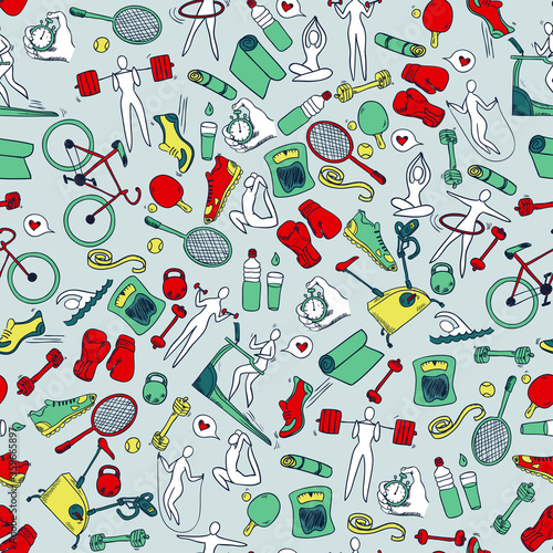 Fitness doodle hand drawn pattern. Seamless vector background