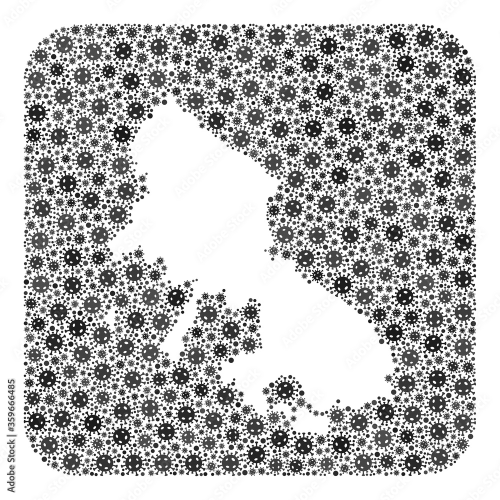 Covid map of Skyros Island mosaic created with rounded square and subtracted space. Vector map of Skyros Island mosaic of covid-2019 parts in different sizes and grey shades.