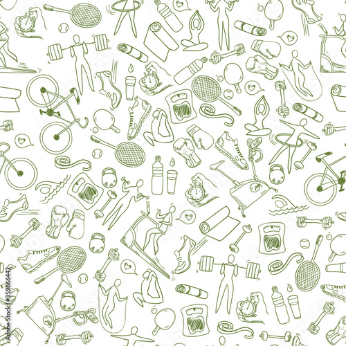Fitness doodle hand drawn pattern. Seamless vector background