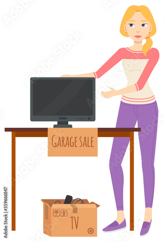 Woman selling goods, garage sale, tv plasma on table and remote in cardboard box. Seller retail unnecessary objects, electronic symbol, advertising vector