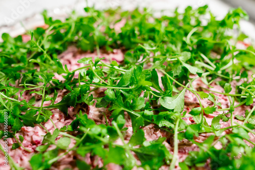 A large crystal cut-glass bowl with puff salad herring under a fur coat, a Russian dish with boiled beetroot and mayonnaise, green leaves of watercress on top. White textured stone background