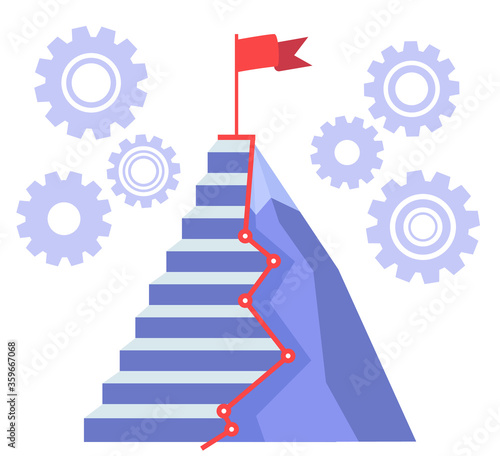 Career ladder or staircase that lead to target. Red flag waving on mountain peak. Hard thorny way to goal and success of life. Cogwheels on background of stairs. Vector illustration in flat style