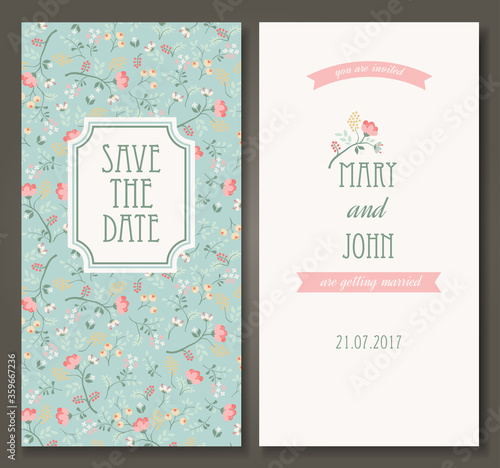 Vintage vector card templates. Can be used for Save The Date, baby shower, mothers day, valentines day, birthday cards, invitations. Seamless pattern is masked