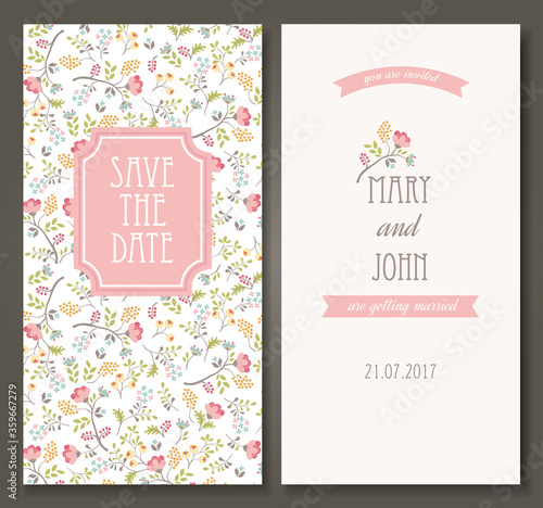 Vintage vector card templates. Can be used for Save The Date, baby shower, mothers day, valentines day, birthday cards, invitations. Seamless pattern is masked