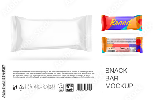 Hight realistic flow packaging mockup. Vector illustration isolated on white background. Can be use for your design, promo, adv and etc. Possibility for food, pharmaceutical, cosmetic. EPS10.