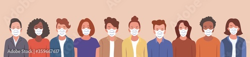 Group of people wearing medical masks to prevent disease,
people in white medical face mask. Concept of coronavirus quarantine 
vector illustration. Seamless pattern.
