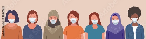 Group of people wearing medical masks to prevent disease,
people in white medical face mask. Concept of coronavirus quarantine 
vector illustration. Seamless pattern.
