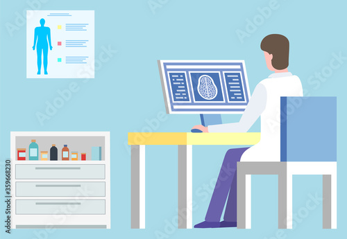 Doctor in laboratory working on scan diagnostics vector, man wearing white coat in hospital. Clinic and medical care, board with human body and cabinet