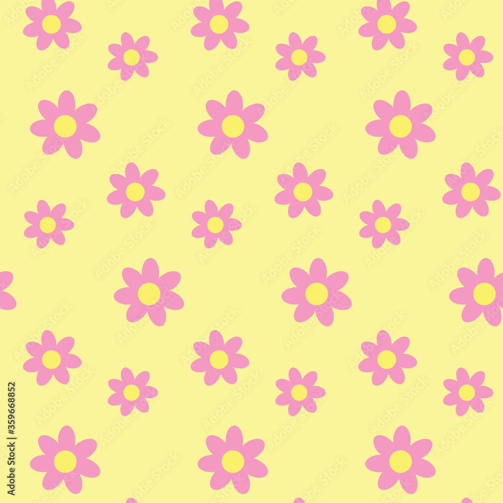 Seamless pattern with pink flowers on yellow background. Colorful design for textile, wallpaper, fabric, decor. Beautiful print for textile, greeting cards, wrapping paper and design. Jpg file