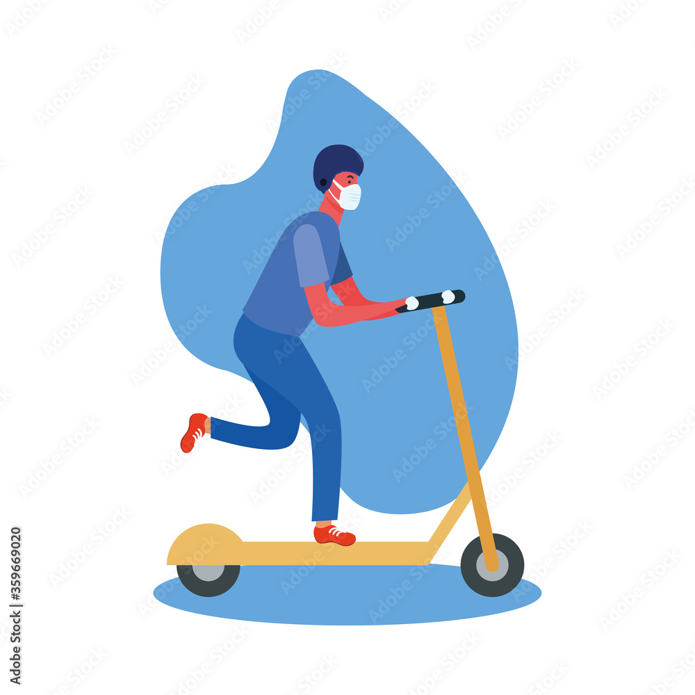 Man with medical mask on scooter vector design