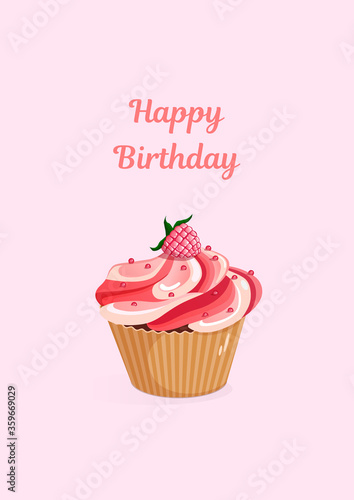 Happy birthday and holiday card on pink background. A4 format greeting card template. Vector illustration text can be added  modified. Cupcake for greeting card  menu  banner  sticker. Food design