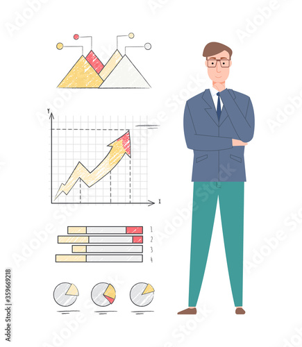 Thinking man character, set of chart, diagram and lines, drawing graphs report in flat style, full length portrait view of man presenting report vector