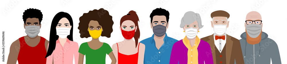 Front view vector set of different cartoon people wearing protective face mask - covid-19 safety measures, restriction, covering face to prevent spread of the virus. Front view vector set of different cartoon people wearing protective face mask - covid-19 safety measures, restriction, covering face to prevent spread of the virus.