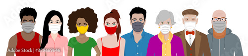 Front view vector set of different cartoon people wearing protective face mask - covid-19 safety measures, restriction, covering face to prevent spread of the virus.