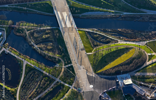 Aerial view of detail in the Olympic park in London built for the 2012 Olympic games at sunset photo