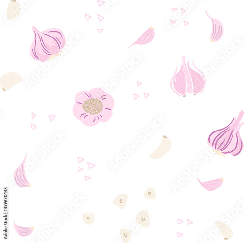 Pink garlic pattern. Whole purple garlic, garlic cloves, chopped garlic, rosemary Vector illustration set. Drawing set for design