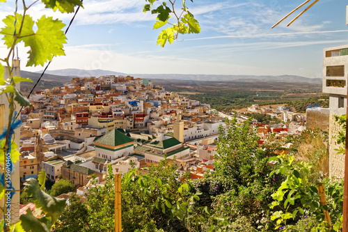 Scenic view of the holy city of Moulay Idris with Zaouia Moulay Idriss II mosque, Morocco 2018