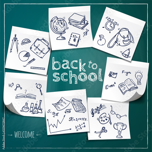 Welcome back to school background, with hand drawn doodle elements on stick notes. Vector illustration. 