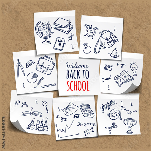 Welcome back to school background, with hand drawn doodle elements on stick notes. Vector illustration. 