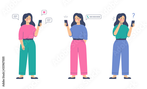 Smiling girl sends messages via smartphone. Young happy woman uses mobile phone for the call. Mobile internet communication, social media chatting, instant messaging. Vector illustration.