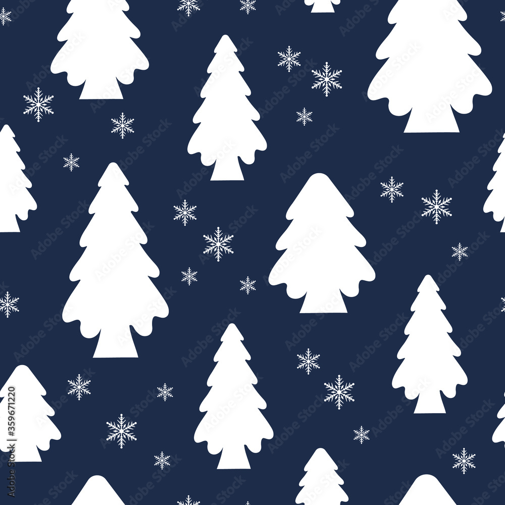 Festive Christmas tree seamless pattern. Vector isolated elegant fir with sparkles and snowflakes. Holiday evergreen spruce texture for xmas wrapping paper.