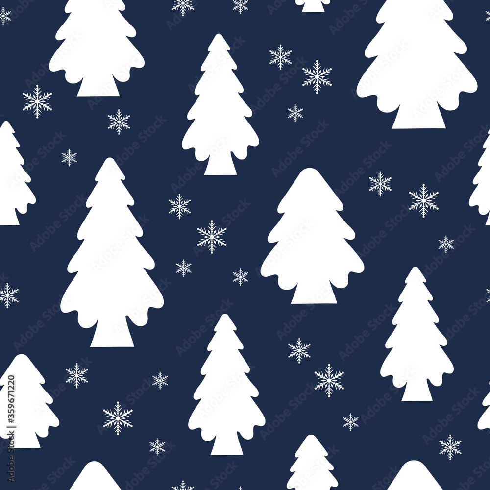 Obraz premium Festive Christmas tree seamless pattern. Vector isolated elegant fir with sparkles and snowflakes. Holiday evergreen spruce texture for xmas wrapping paper.