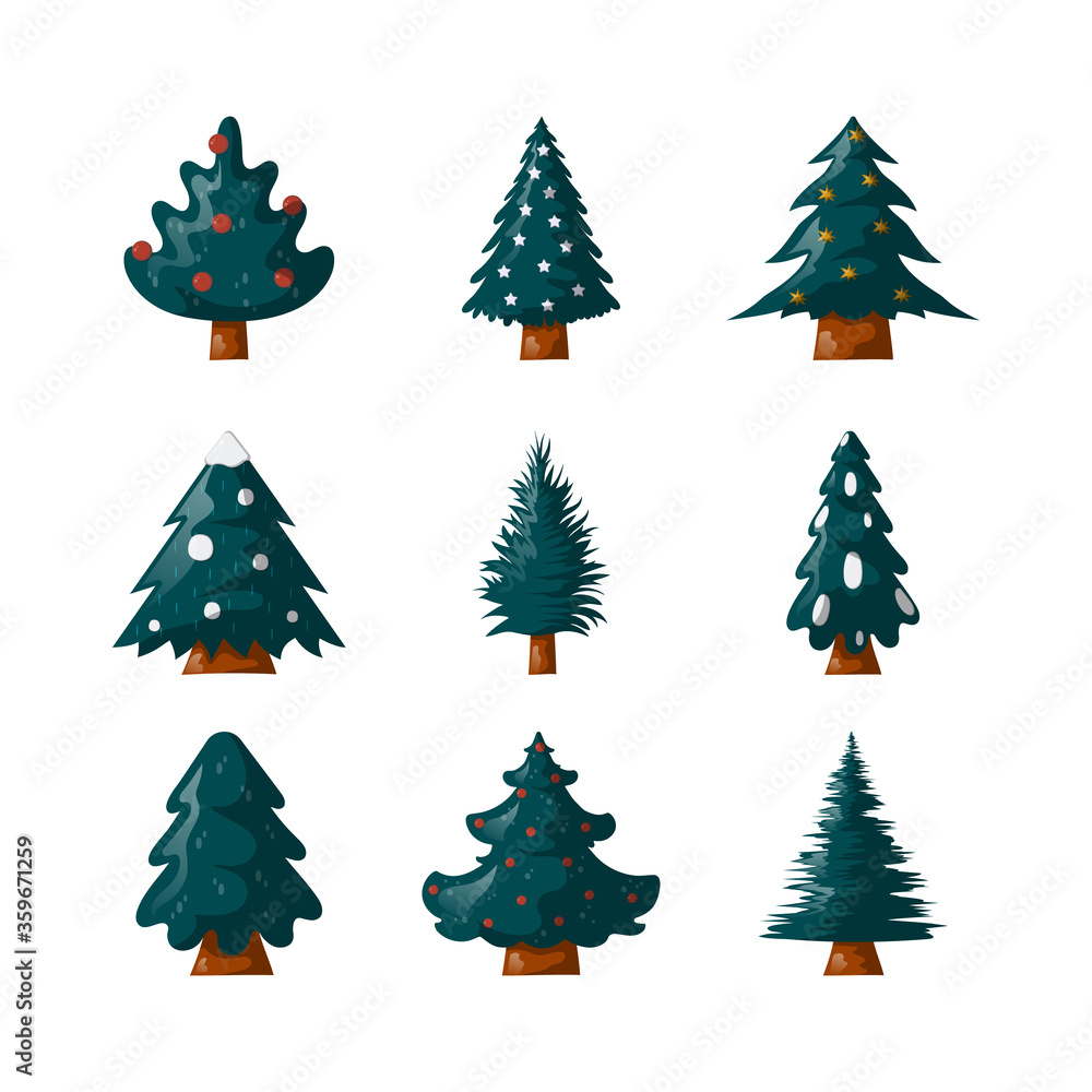 Set of Christmas trees with balls, toys, stars and snow. Vector isolated colorful icons collection of evergreen spruce fir silhouettes. Set of Christmas trees with balls, toys, stars and snow. Vector isolated colorful icons collection of evergreen spruce fir silhouettes.