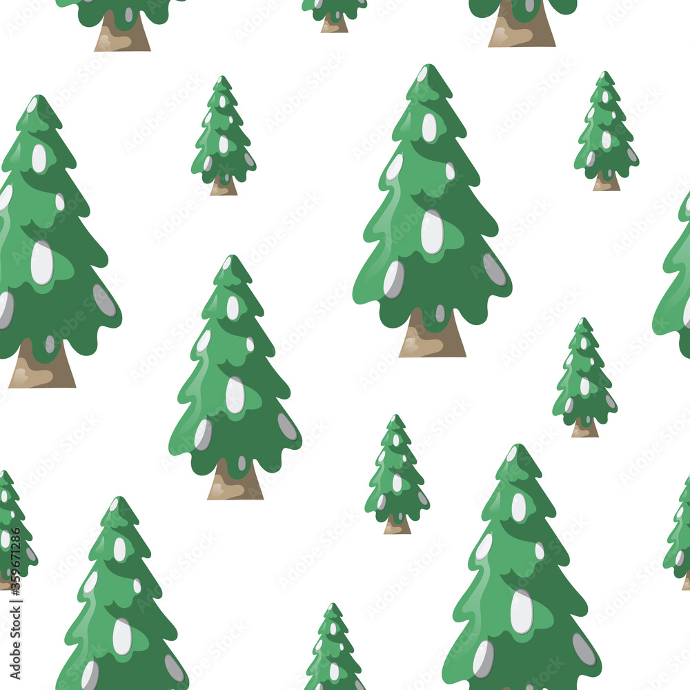 Fluffy Christmas tree seamless pattern. Vector isolated noel fir with xmas balls background. Evergreen spruce texture for holiday wrapping paper.