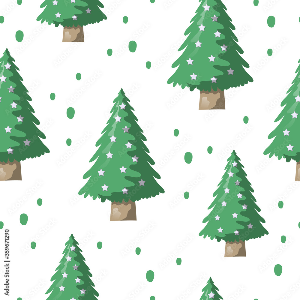 Christmas tree seamless pattern. Vector isolated noel fir with stars background. Evergreen spruce texture for holiday wrapping paper.