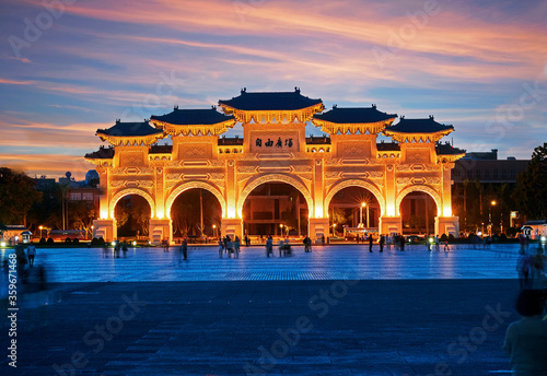 The Front of the memorial gate in Liberty Square in Taipei illuminated at sunset