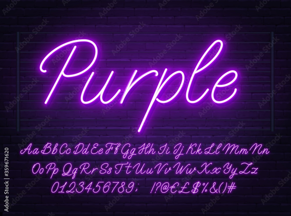 Neon purple script font. Glowing alphabet with letters, numbers and special characters on a brick background.