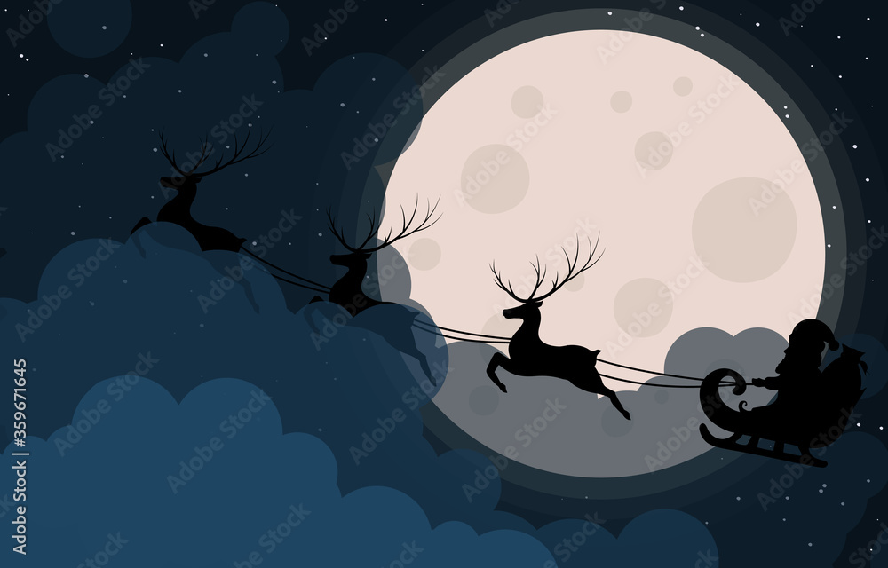 Naklejka premium Christmas card template with moon, santa claus and reindeer harness silhouettes in the clouds. Vector isolated background for invitation. Holiday banner for noel celebration.