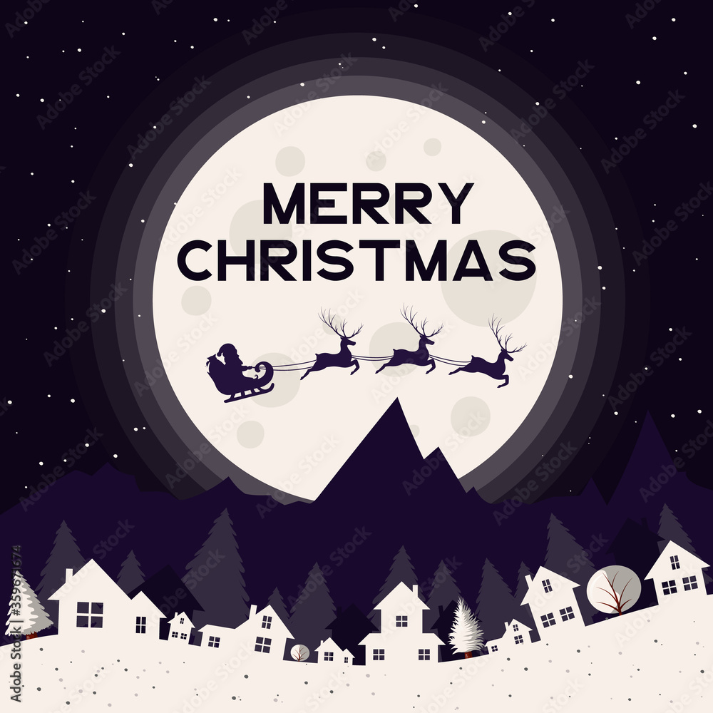 Christmas card template with mountains, stars, moon, clouds and santa claus with reindeer harness silhouettes. Vector isolated border with snowy forest village. Holiday banner for noel celebration. Christmas card template with mountains, stars, moon, clouds and santa claus with reindeer harness silhouettes. Vector isolated border with snowy forest village. Holiday banner for noel celebration.