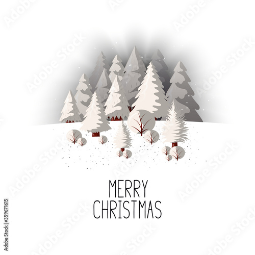Christmas card template with magic forest, fir and evergreen trees. Vector isolated border with snowy pines. Holiday banner for noel with lettering.