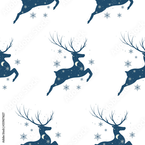 Christmas seamless pattern with reindeer and snowflakes. Vector isolated texture with deer silhouette for wrapping paper. Holiday background for noel invitation cards.
