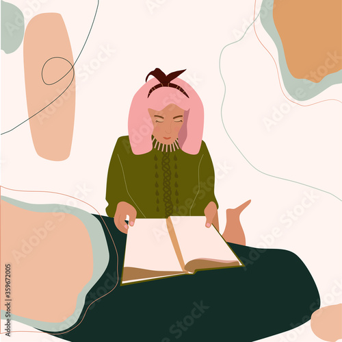 Young woman reads book, prepares for exams, educates while sitting in library.Read more books concept.Hand drawn vector trendy illustration with abstract background.Girl with pink hair and sweater