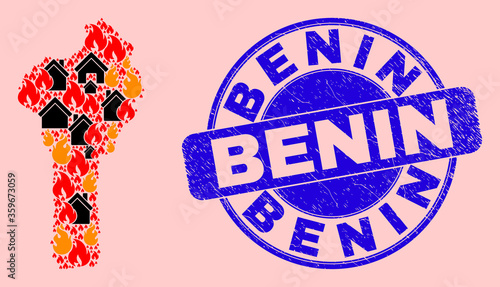 Fire and houses collage Benin map and Benin grunge stamp seal. Vector mosaic Benin map is organized from random burning cities. Benin map collage is designed for fire insurance purposes.