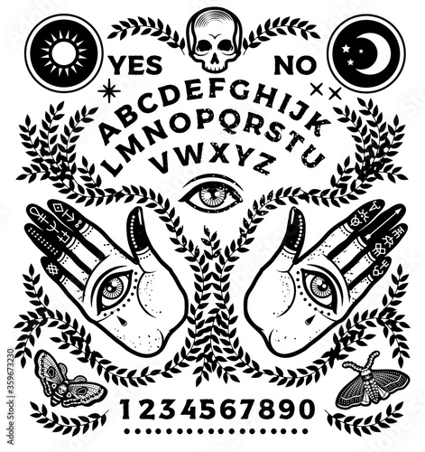 Ouija Board with hands with eyes. Vector Illustration.