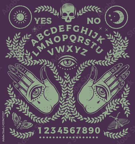 Ouija Board with hands with eyes. Vector Illustration.
