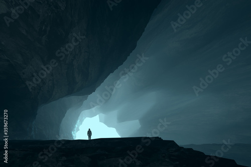man in cave entrance, dark 3d illustration