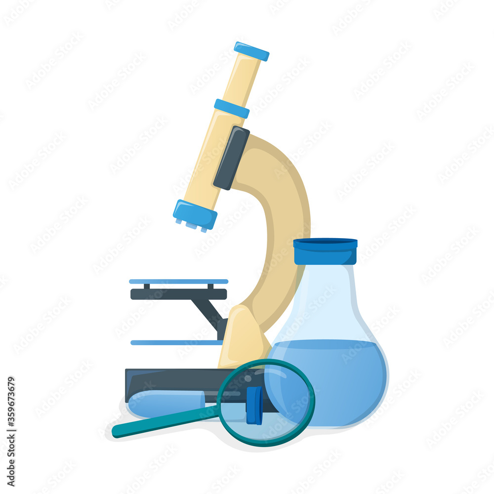 Microscope and school science flask icon isolated on white, cartoon vector illustration. Supplies from backpack for study in college and institute. Microscope and school science flask icon isolated on white, cartoon vector illustration. Supplies from backpack for study in college and institute.