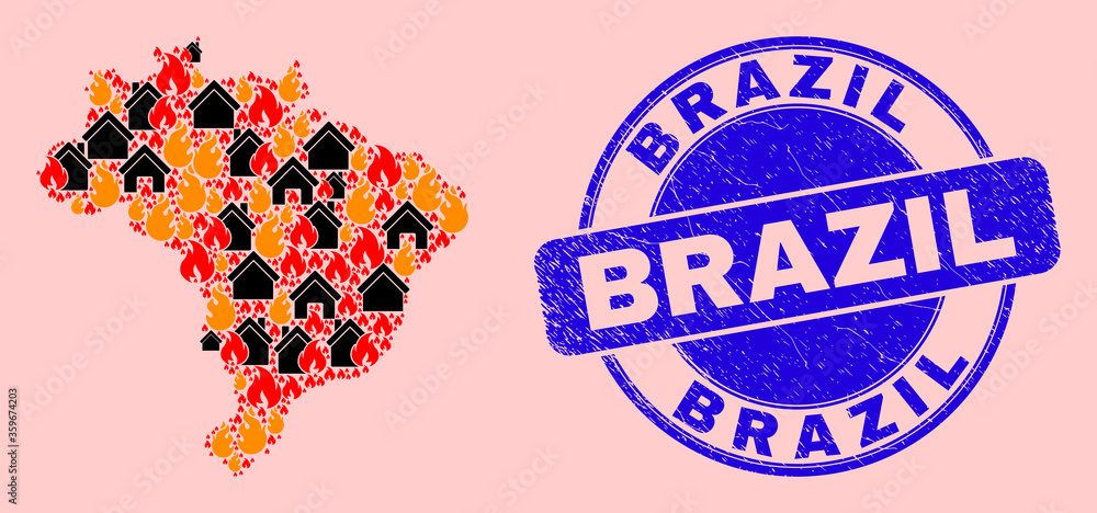 Fire disaster and houses combination Brazil map and Brazil corroded stamp. Vector collage Brazil map is composed with random burning houses. Brazil map collage is composed for disorder posters. Fire disaster and houses combination Brazil map and Brazil corroded stamp. Vector collage Brazil map is composed with random burning houses. Brazil map collage is composed for disorder posters.