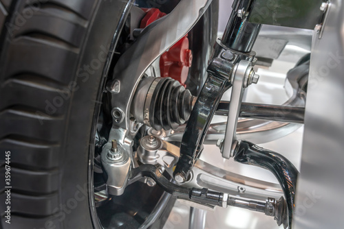Obraz na plátně close up view of detailed electric car wheel driving and brake system