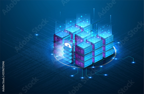 Server room center exchanging cyber data and Supercomputers with Internet connection Visualisation Projection. Future Big data technology in isometric. Digital technology website landing page template