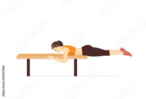 Sport women Lie face down on a bench and extend both legs parallel to the ground Hold. Exercise pose called Reverse Hip Raise.