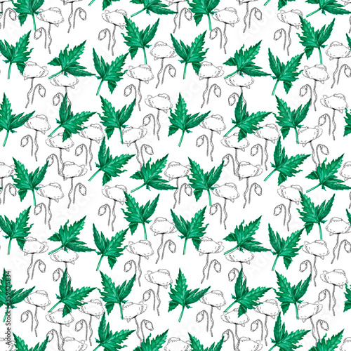 Abstract watercolor hand drawn pattern with green leaves. Poppy drawing by the gel black pen. Perfect for printing on the fabric, design package and cover